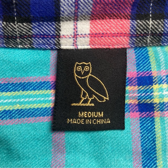 October’s Very Own Flannel Shirt Men’s Medium Multicolor Mash Up Drake OVO Patch - Picture 6 of 7